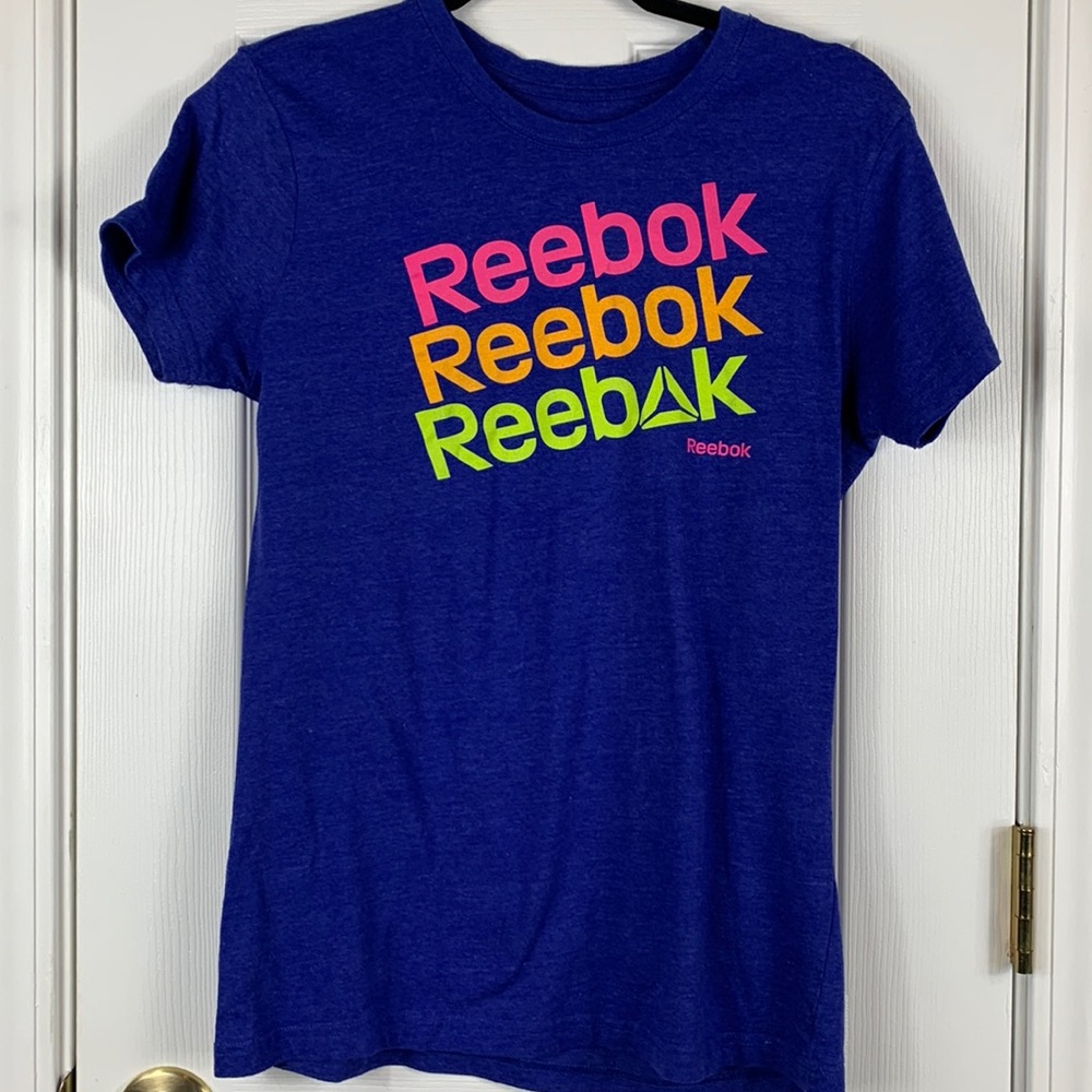 Reebok blue short sleeved tee shirt size large. Pink, orange and green lettering